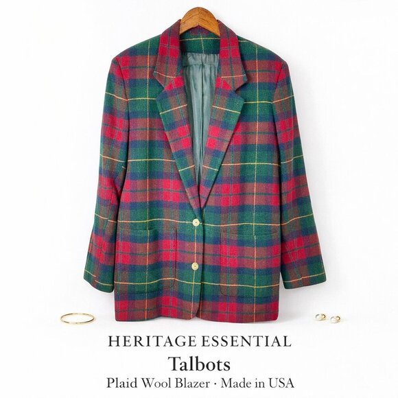 Talbots Jackets & Blazers - Talbots Plaid Wool Blazer Made USA Vintage Red Green Tartan Size M